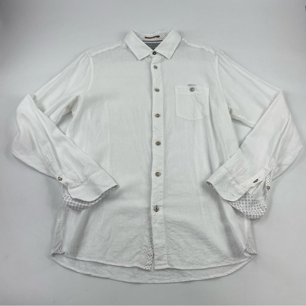 Ted Baker White Linen blend Flip Cuff Button-Down Shirt with Pocket